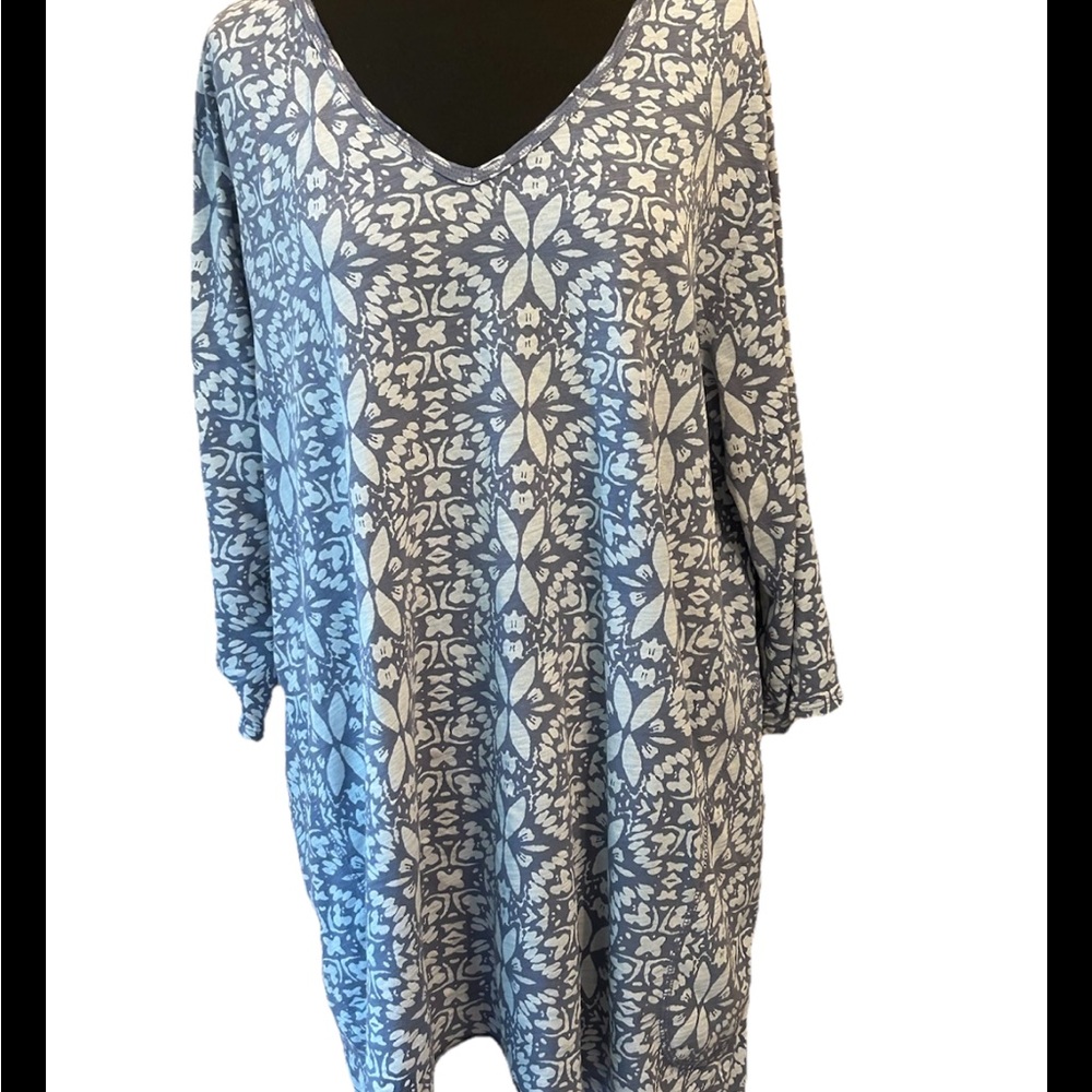 Fresh Produce Blue Print Tunic with 3/4 Sleeves 1X